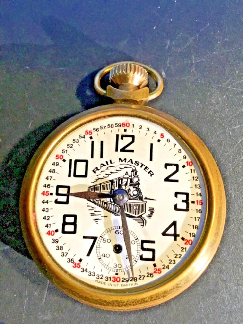 Railmaster Pocket Watch – Running – White Dial – Missing Crystal & Hand
